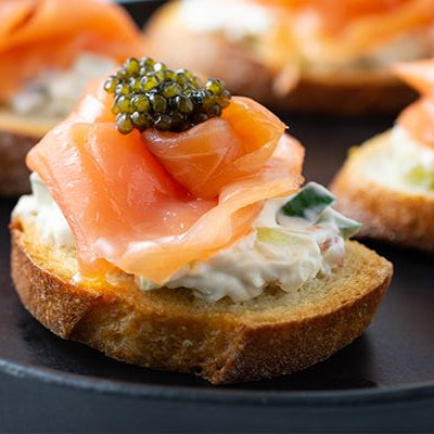 Image of Smoked Salmon Crostini with Spicy Crème Fraiche and Caviar