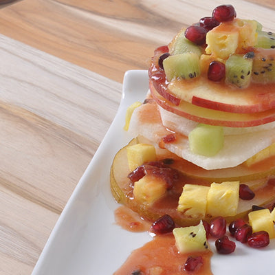 Image of Spiralizer Fruit Stack with Cactus Pear-Passion Fruit Caramel Sauce