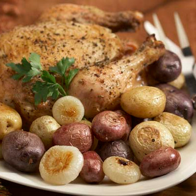 Image of Whole Roasted Chicken with Red White and Blue Potatoes