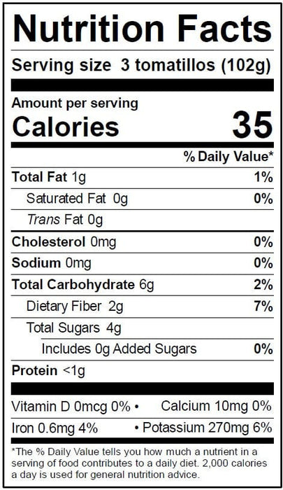 Image of  2 Pounds Peeled Tomatillos Nutrition Facts Panel