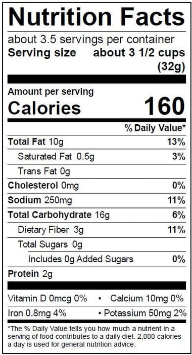 Image of  3 packages (3.9 Ounces each) Jalapeño Lime Popcorn Nutrition Facts Panel
