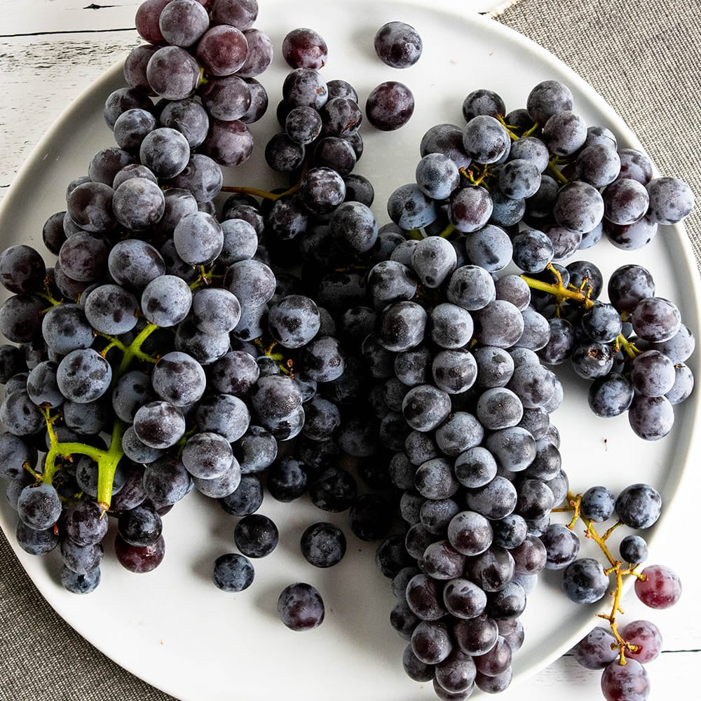 A plate of blueish purple grapes on a white plate on a gray linen napkin.