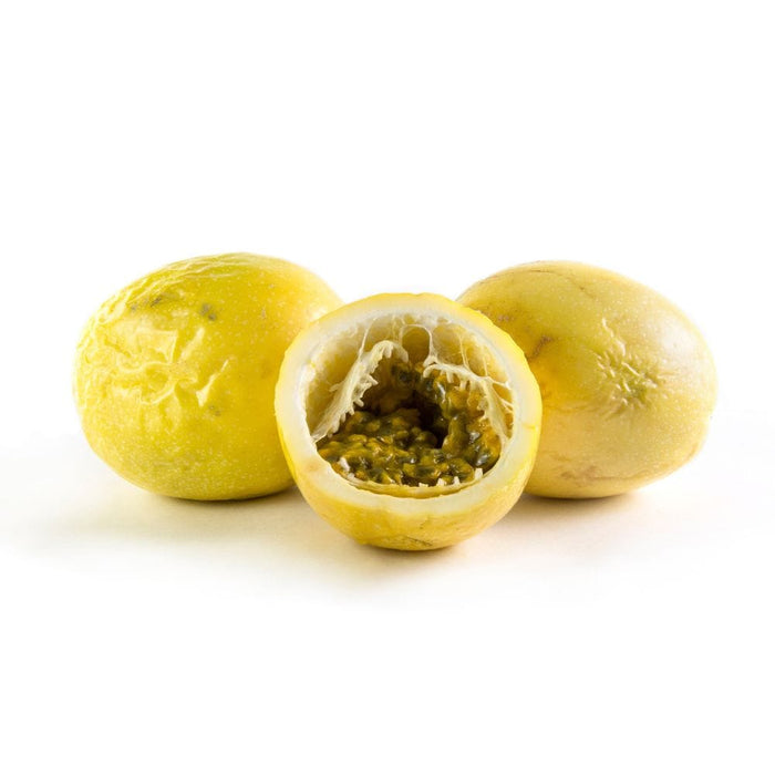 Yellow Passion Fruit and one sliced in half so you can see the pulp.