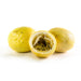 Yellow Passion Fruit and one sliced in half so you can see the pulp.