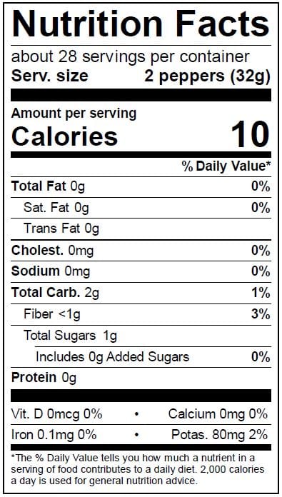 Image of  2 Pounds Organic Jalapeno Peppers Nutrition Facts Panel