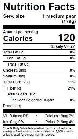 Image of  Bosc Pears Nutrition Facts Panel