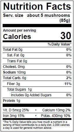 Image of  Chanterelle Mushrooms Nutrition Facts Panel