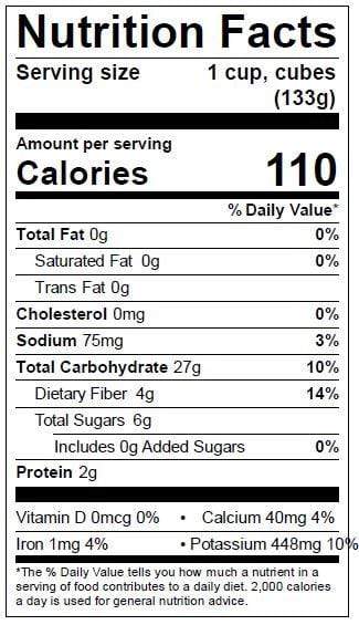 Image of  Chinese Yams Nutrition Facts Panel