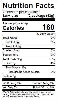 Image of  Dried Bing Cherries Nutrition Facts Panel