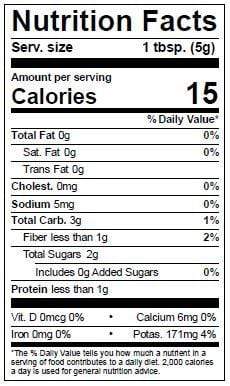 Image of  Dried Julienne Tomato Strips Nutrition Facts Panel