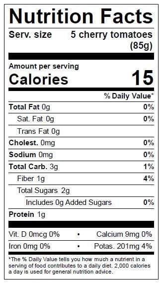 Image of  Heirloom Black Cherry Tomatoes Nutrition Facts Panel