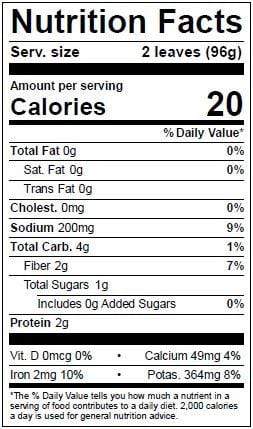 Image of  Organic Swiss Chard Nutrition Facts Panel