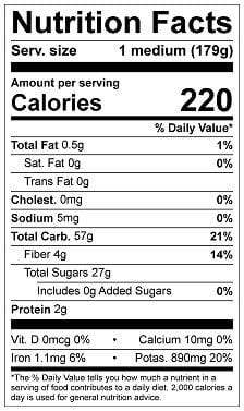Image of  Plantain Bananas Nutrition Facts Panel
