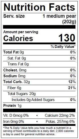 Image of  Red D'Anjou Pears Nutrition Facts Panel