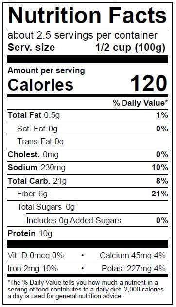 Image of  Steamed Lentils Nutrition Facts Panel