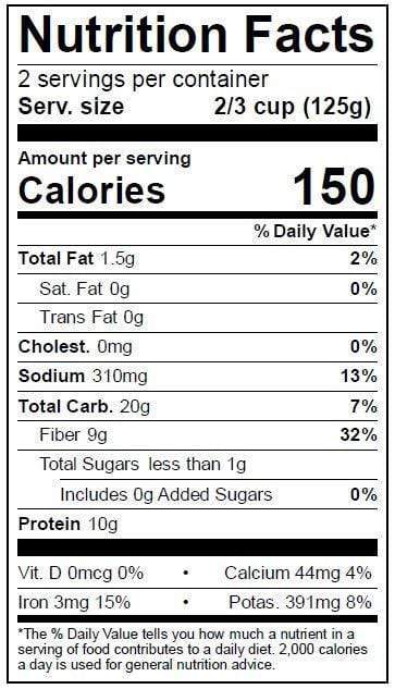 Image of  Steamed Six Bean Medley Nutrition Facts Panel