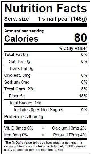 Image of  Sunsprite Pears Nutrition Facts Panel
