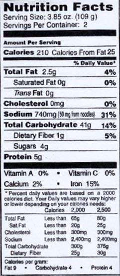 Image of  Yakisoba Noodles Nutrition Facts Panel